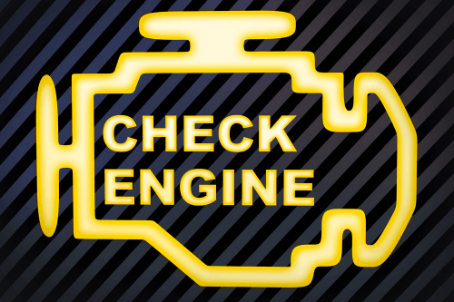 Can I Just Ignore My Check Engine Light? Girlington Garage, South Burlington Vt. image of bright yellow check engine light set on black and gray striped background