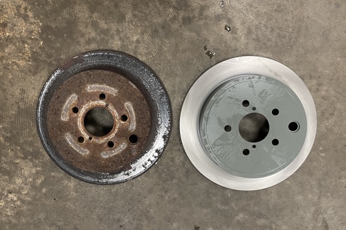 image of bad brake set and new brake set to show the difference and what it looks like when you need brake service and repair