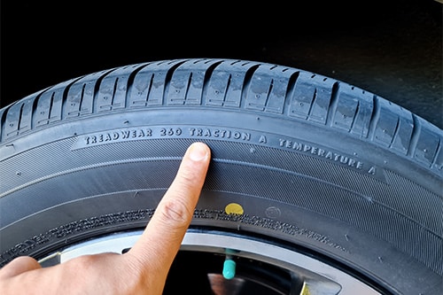 Side view of a tire with indication of width and, height and wheel diameter. tire code which includes temperature code, speed limit and tire expiration date.