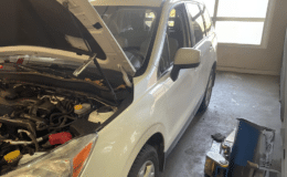 Car Maintenance near me in South Burlington, VT with Girlington Garage. Image of a white mini SUV with an open hood undergoing car maintenance in preparation for the spring season